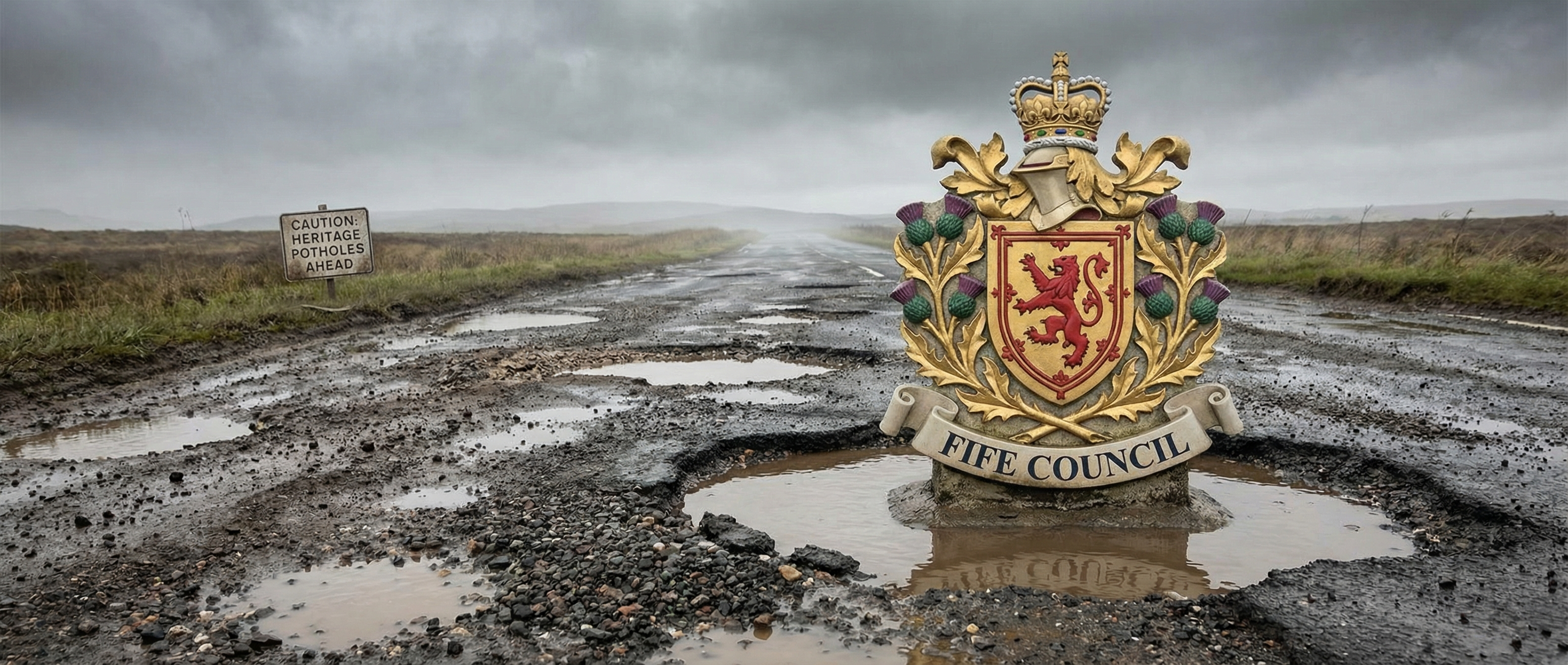 Fife Council crest sitting in a pothole-riddled road — CAUTION: Heritage Potholes Ahead